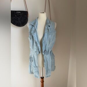 Vintage Boy Blue Embellished Denim Midi Vest, Size Large